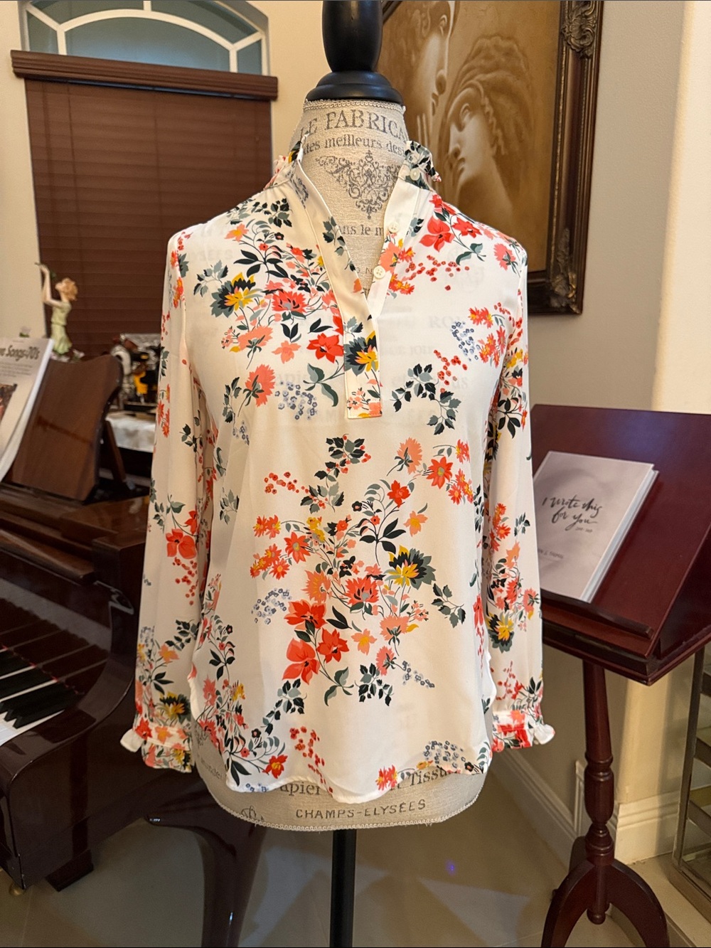 LOFT Cream Floral Split-Neck Blouse with Coral and Green Print